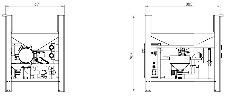 The Automated feeder is 907mm H 885mm W 691mm D