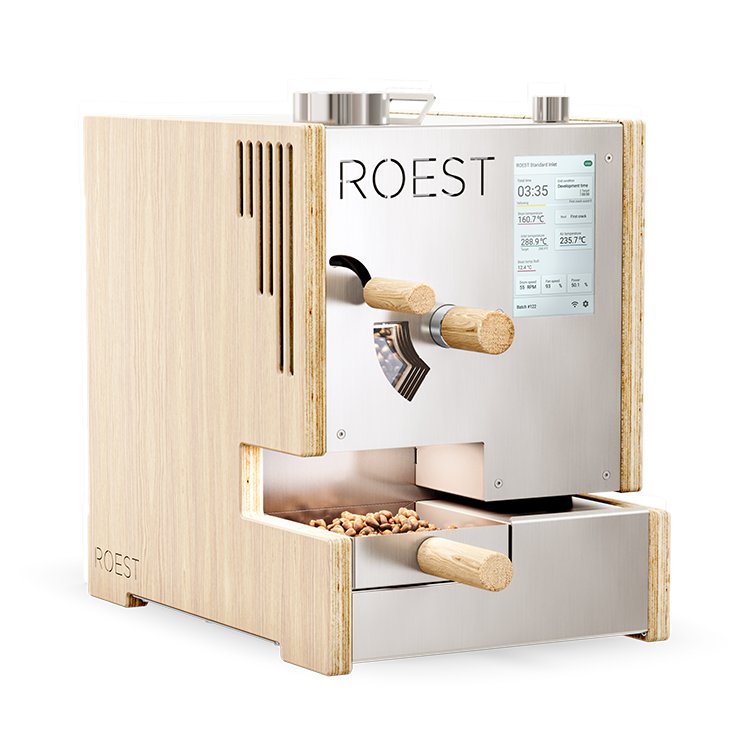 Side view of ROEST S200 sample roaster, hand-built convection drum roaster designed for reliable lab and micro-roastery use